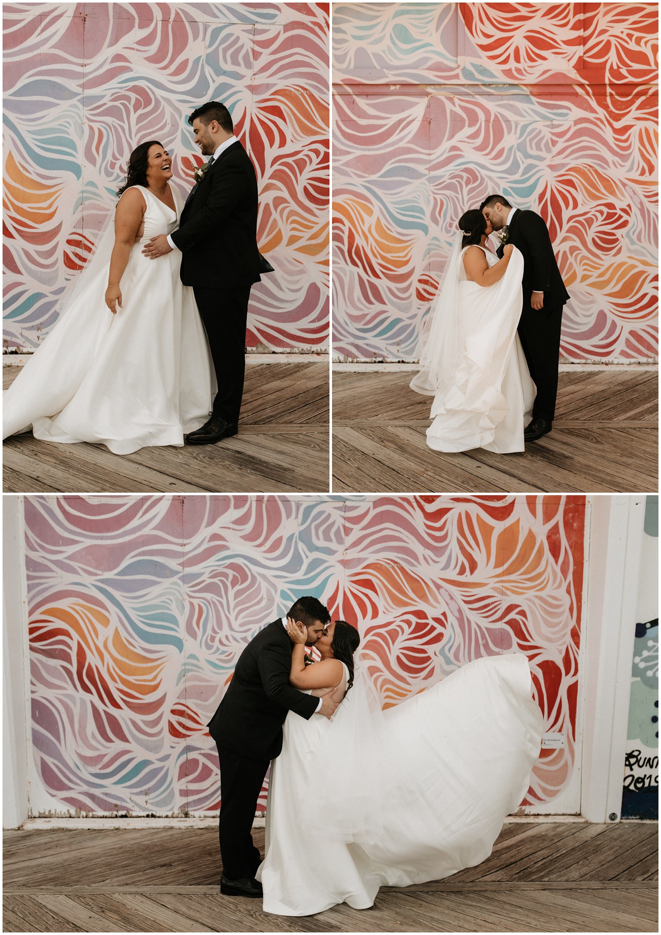 Collage of Bride and Groom posing together in front of colorful wall on the Asbury Park boardwalk