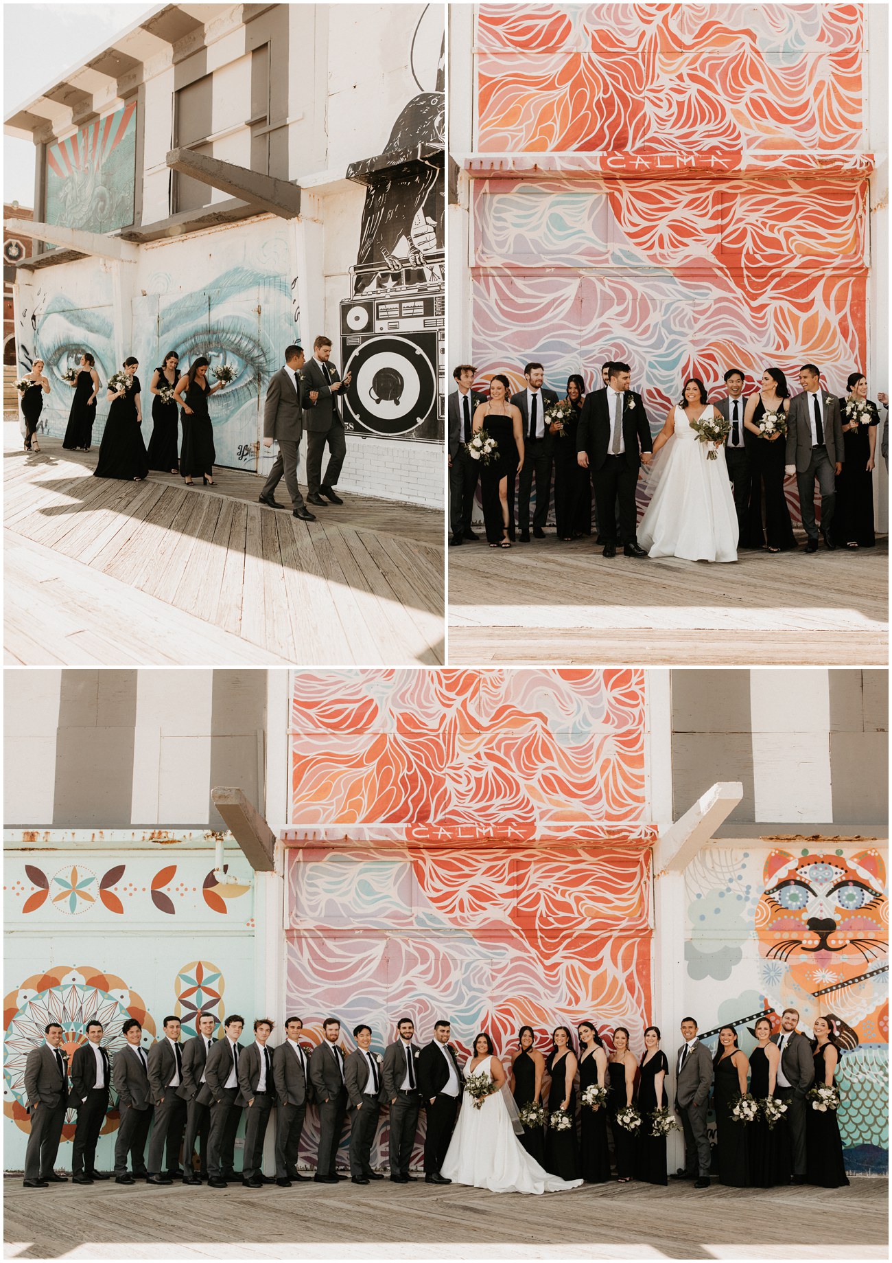 Collage of Bride and Groom with their bridal party in front of mural wall on the Asbury Park boardwalk