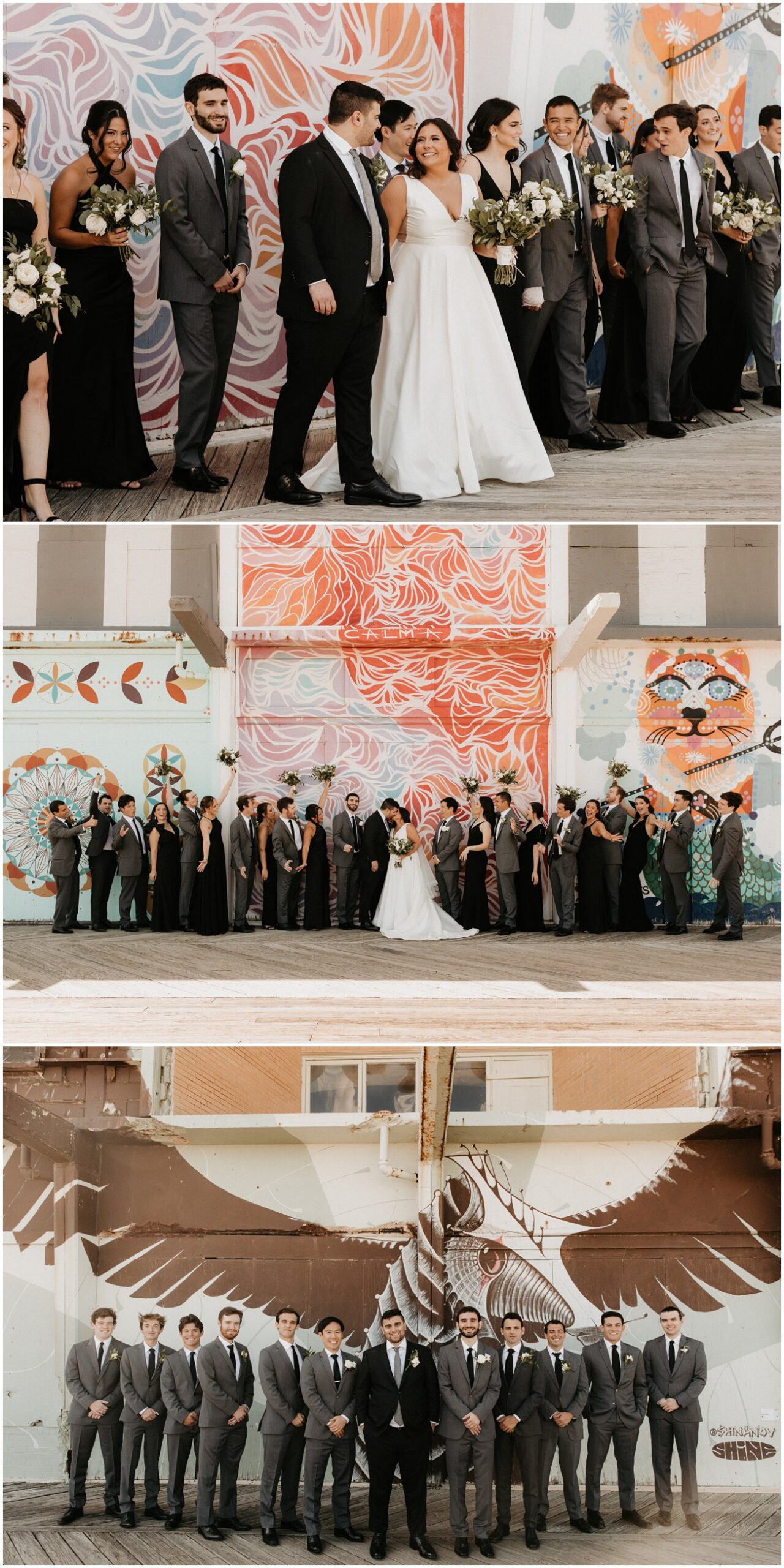 Collage of Bride and Groom with their bridal party in front of mural wall on the Asbury Park boardwalk