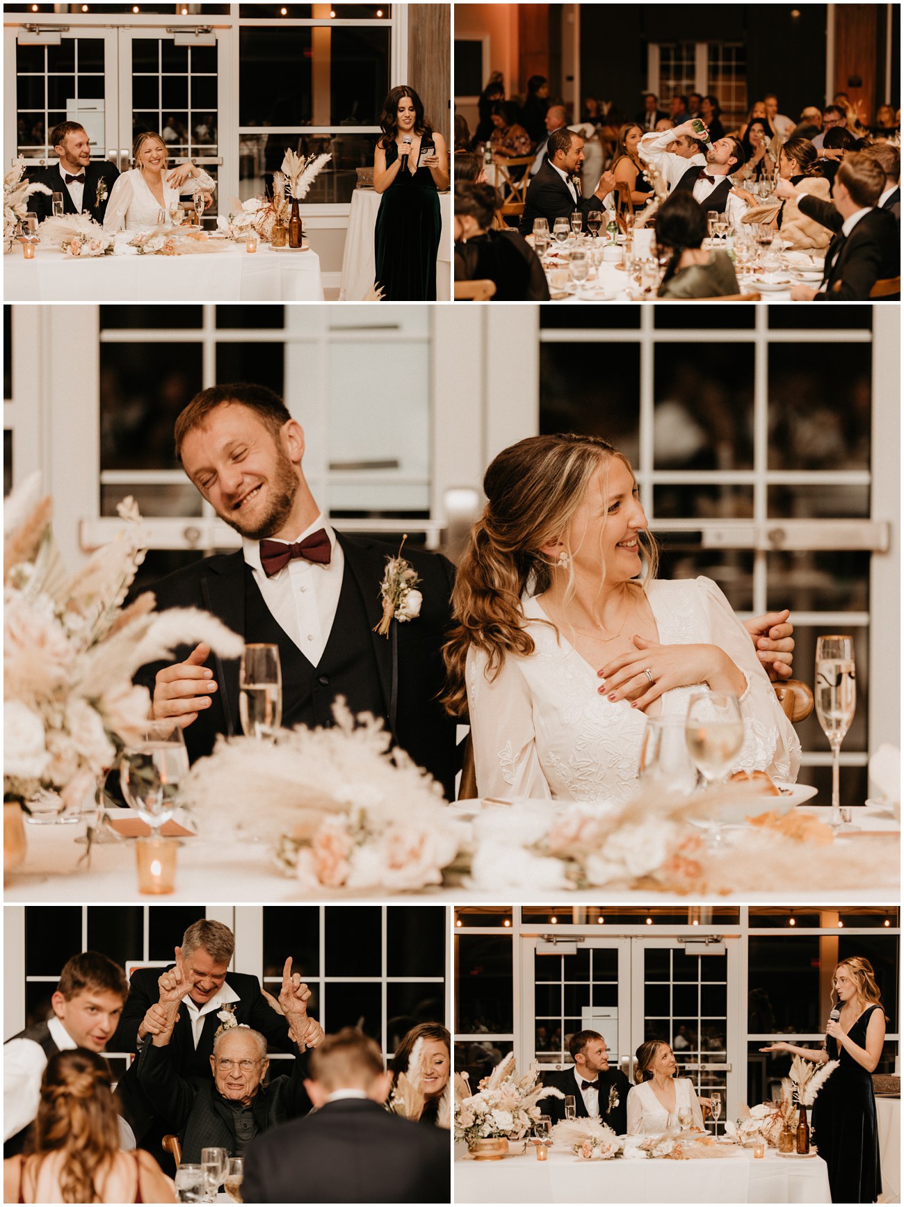 Collage of speeches made at the reception of a fall Boathouse at Mercer Lake wedding