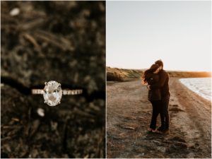 couple hugging on beach and close up of engagement ring