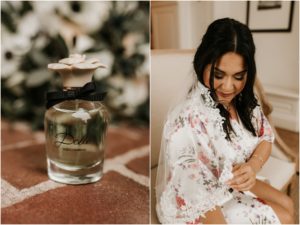 wedding day perfume bottle. bride in floral robe