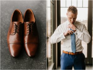 groom putting tie on, groom's shoes on floor