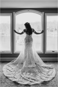 bride in wedding gown black and white