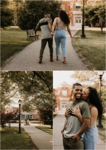 couple in love, running, and kissing on FDU's college campus