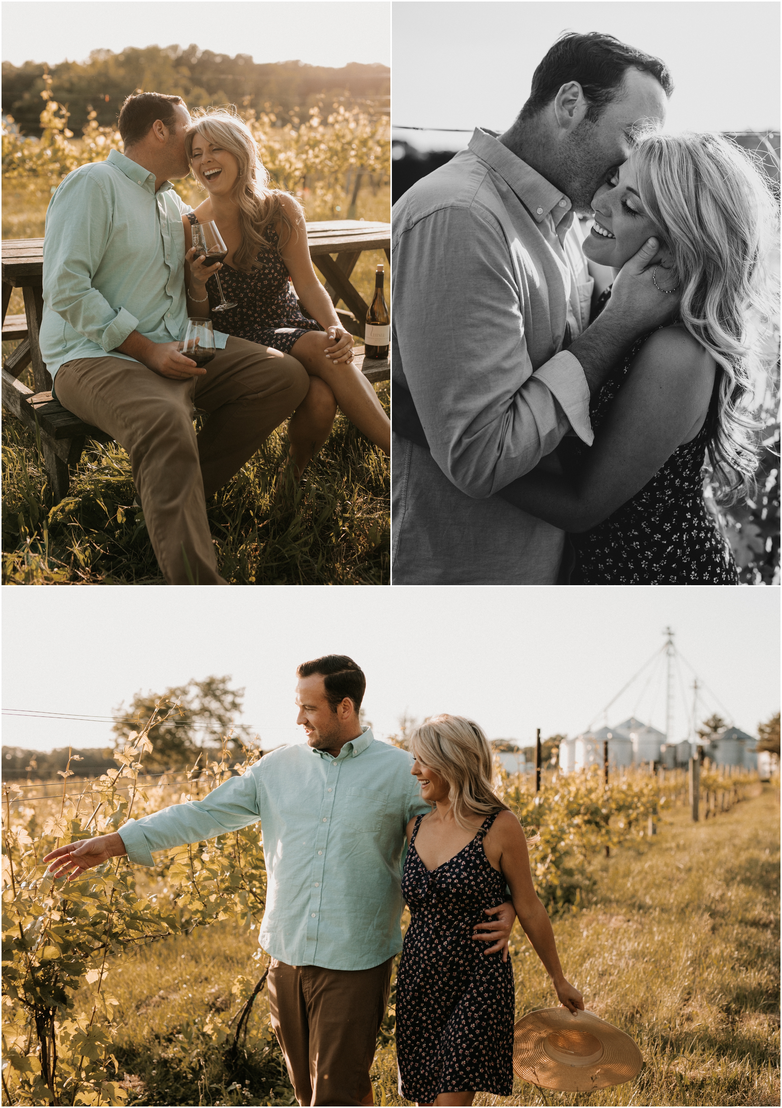 couple laughing and drinking wine in a vineyard for their engagement session in pittstown new jersey