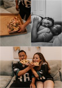couple wearing eagles jerseys and eating pizza on couch