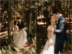 bride and groom first dance in woods in new york