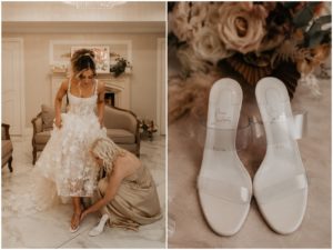 bride's sister helping with bride shoes