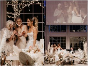 bride's sisters giving toast at wedding reception