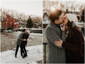 couple kissing in front of mill during sunset