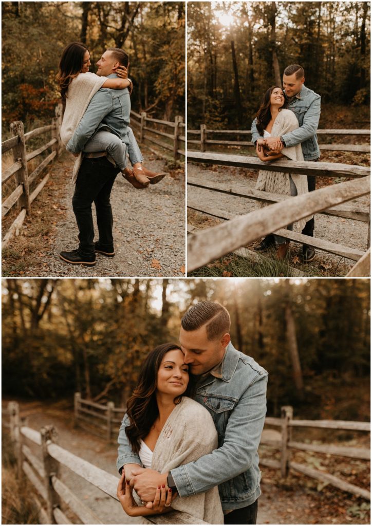 Collage of couple posing by wooden fence in a park during the Fall season