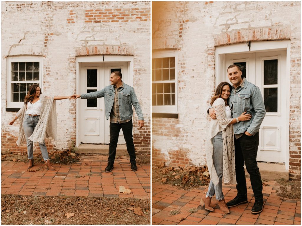 Collage of couple being playful in front of white door and white washed brick building