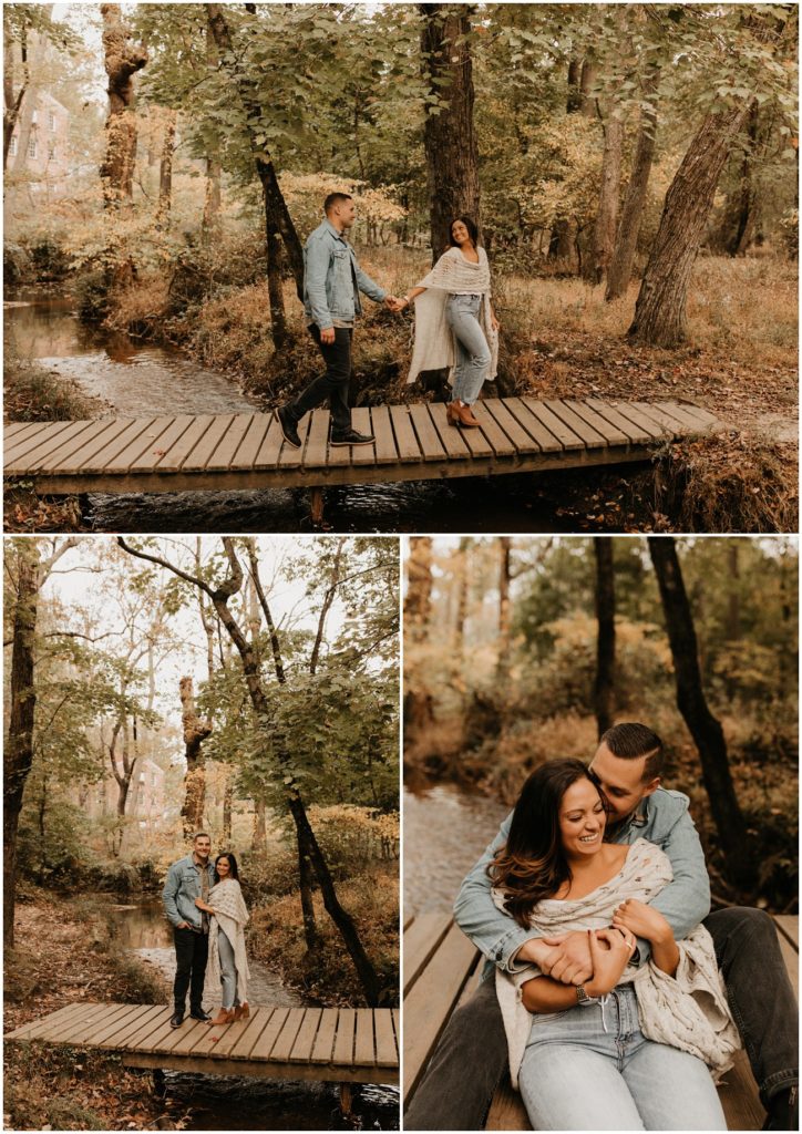 Collage of couple on a bridge for Allaire State Park engagement session