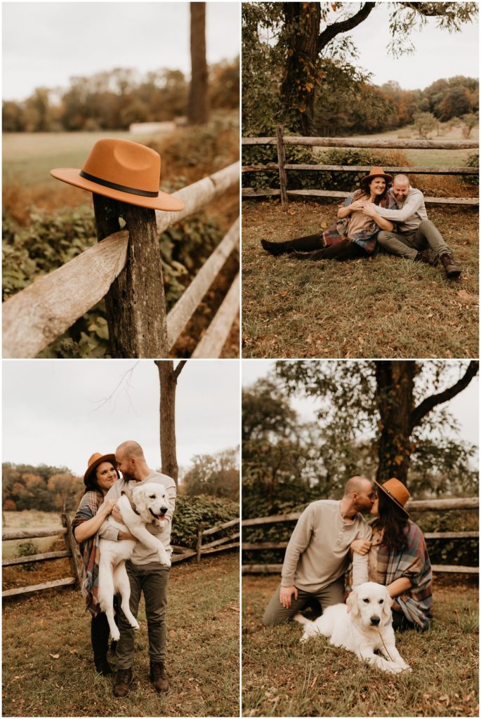 Collage of couple and their dog for Jockey Hollow engagement session