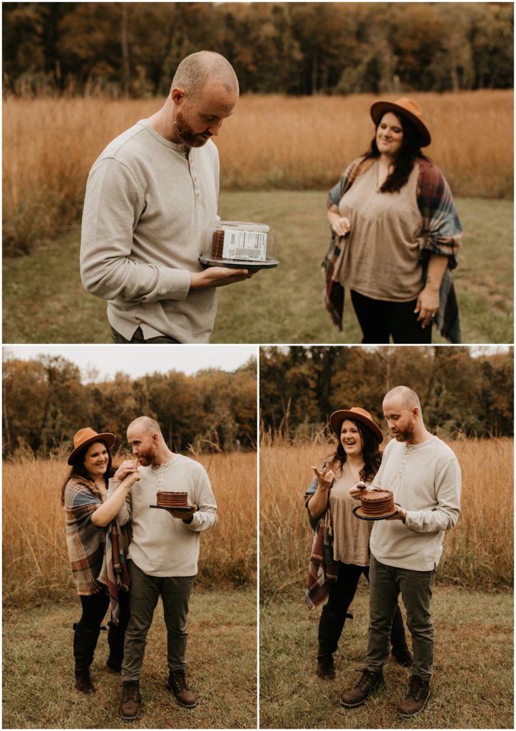 Collage of couple eating chocolate cake in tall grass field for Jockey Hollow engagement session