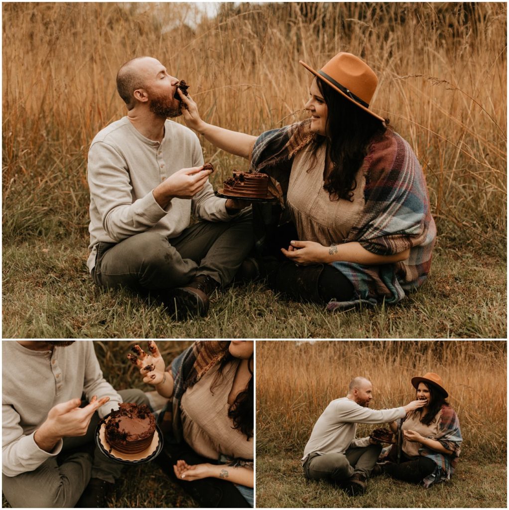 Collage of couple eating chocolate cake in tall grass field for Jockey Hollow engagement session
