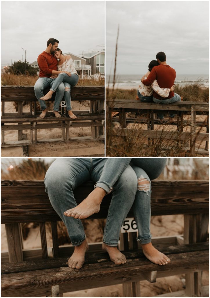collage of images of couple sitting on bench overlooking beach in lbi