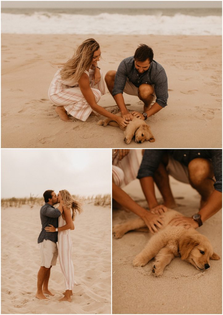 Collage of couple and their puppy at on Long Beach Island beach