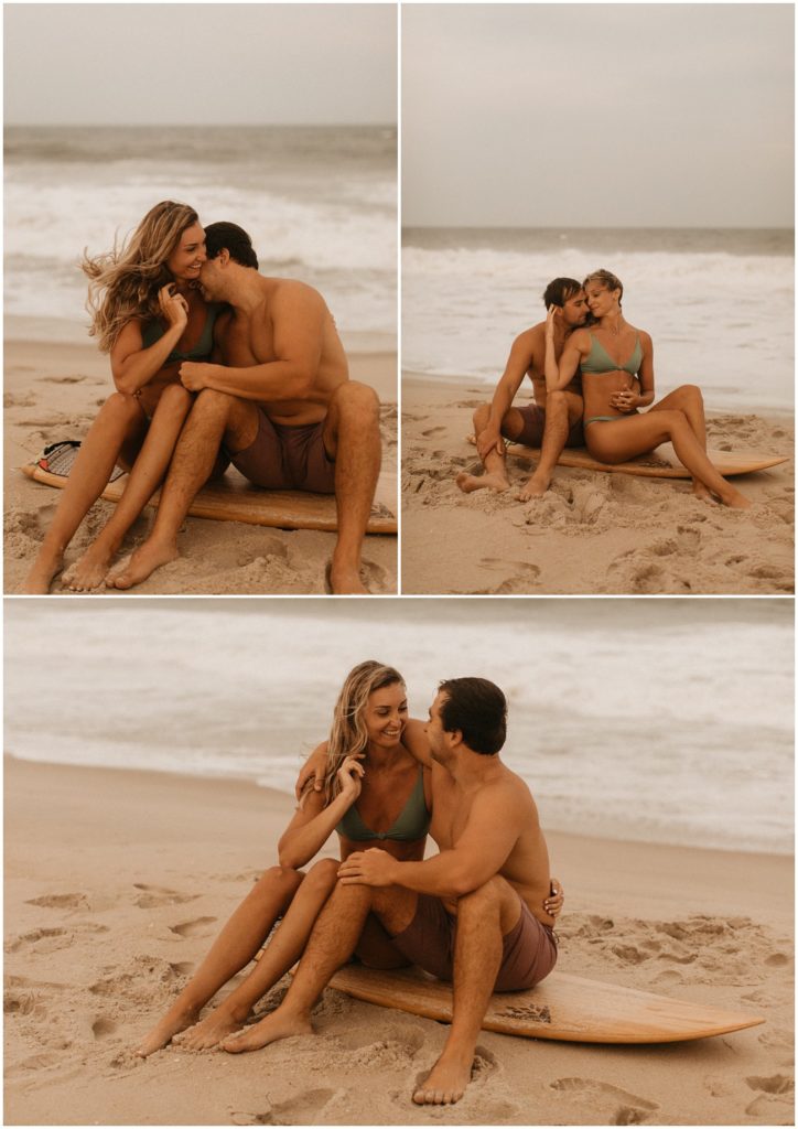 Collage of surfer couple embracing on a surfboard on the beach