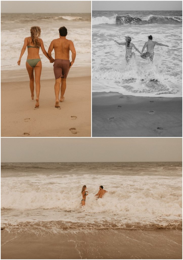 Collage of couple jumping in to the ocean together