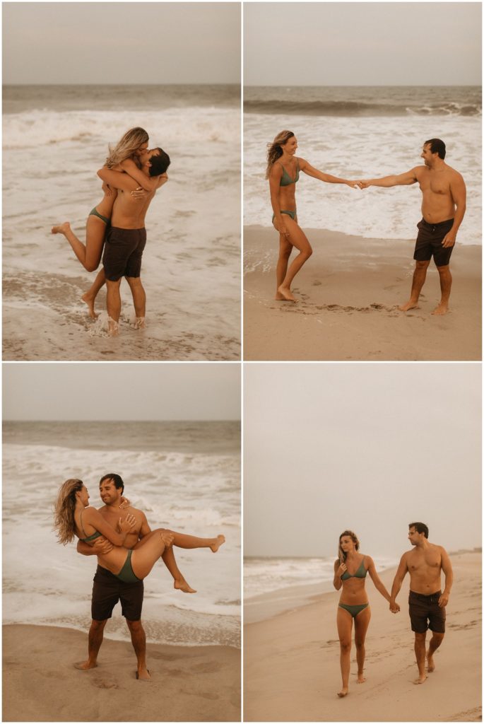 Collage of couple being playful on the beach in Long Beach Island couples session