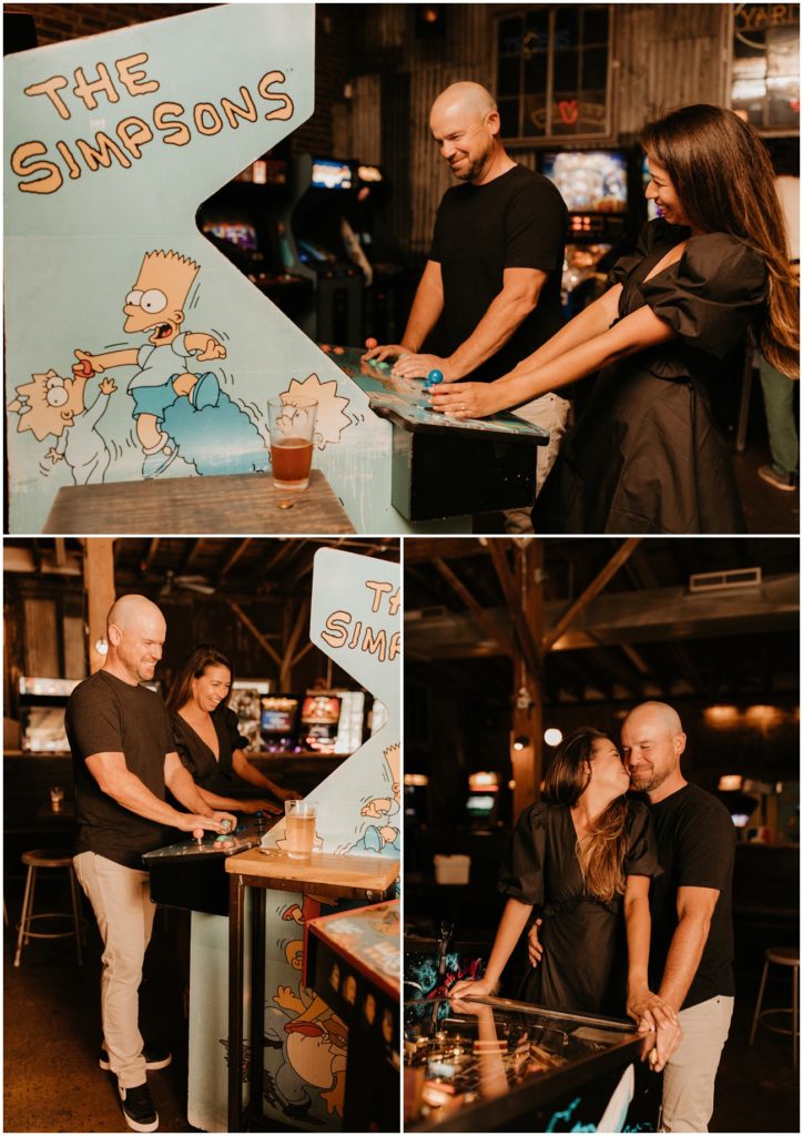 Collage of couple playing arcade games at Barcade for Philadelphia engagement session