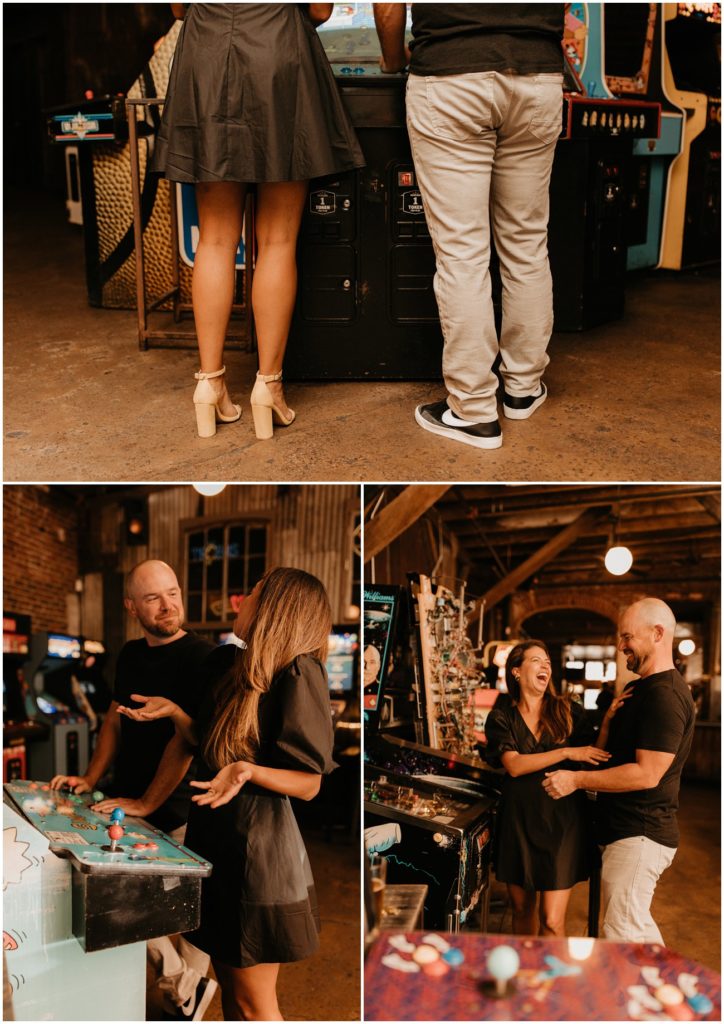 Collage of couple playing arcade games at Barcade for Philadelphia engagement session