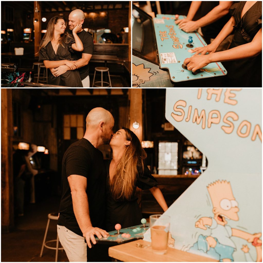 Collage of couple playing arcade game