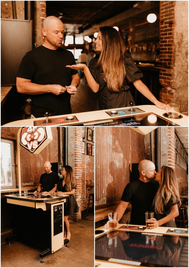 Collage of couple playing pac-man and sharing a beer at Barcade