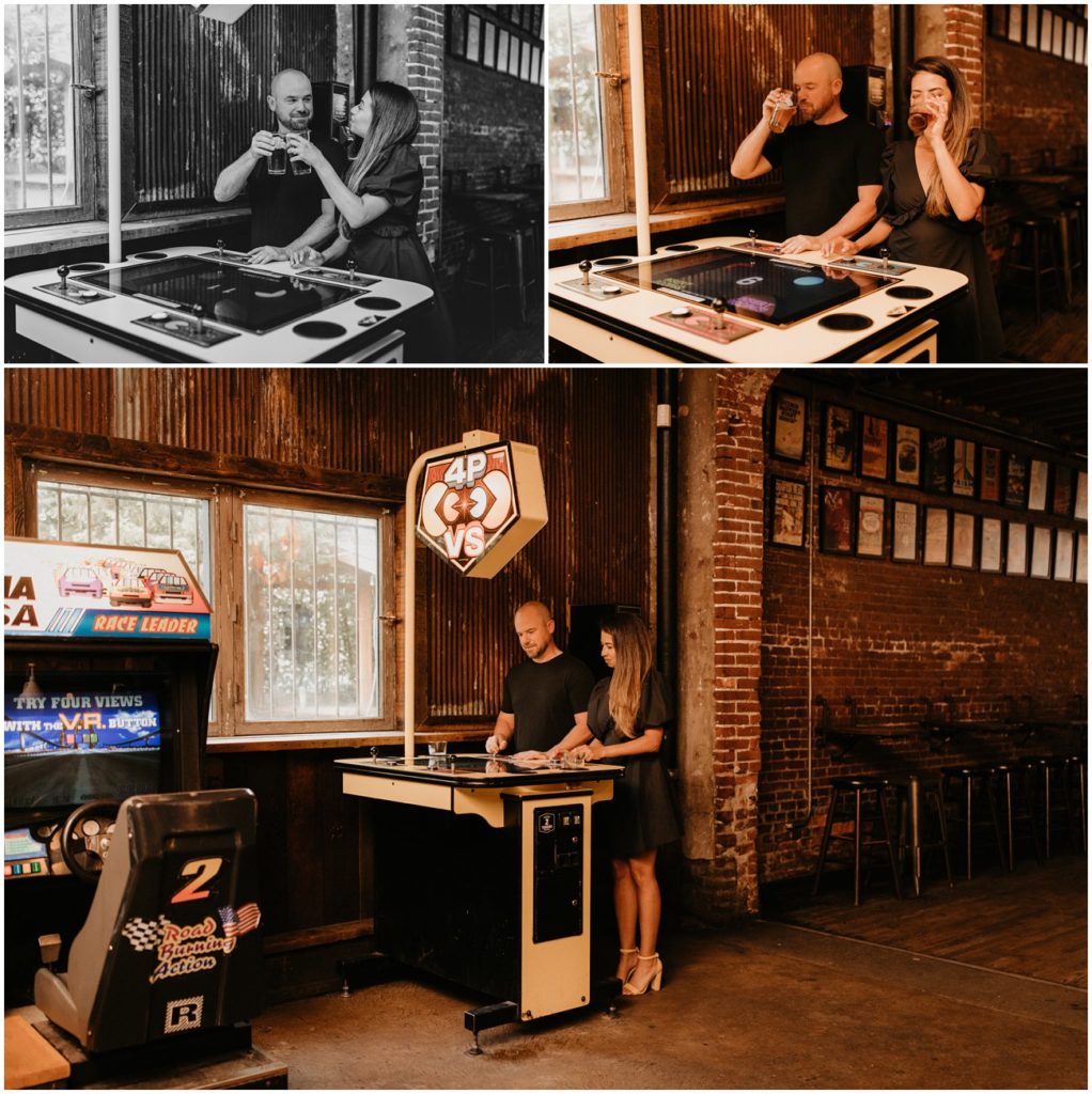 Collage of couple playing pac-man and sharing a beer at Barcade
