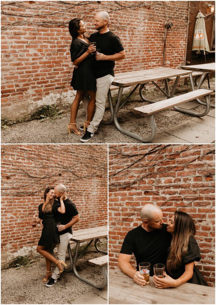 Collage of couple sharing a beer in front of brick wall for Philadelphia engagement session