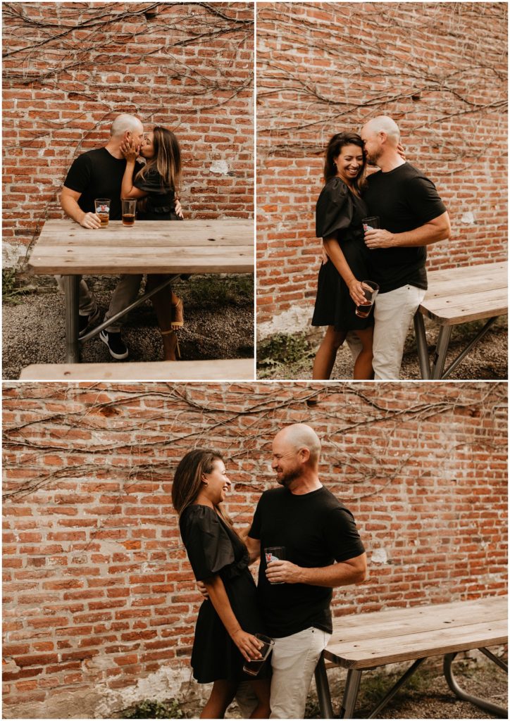 Collage of couple sharing a beer in front of brick wall for Philadelphia engagement session