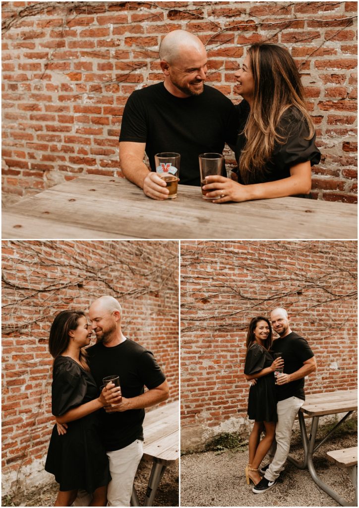 Collage of couple sharing a beer in front of brick wall for Philadelphia engagement session