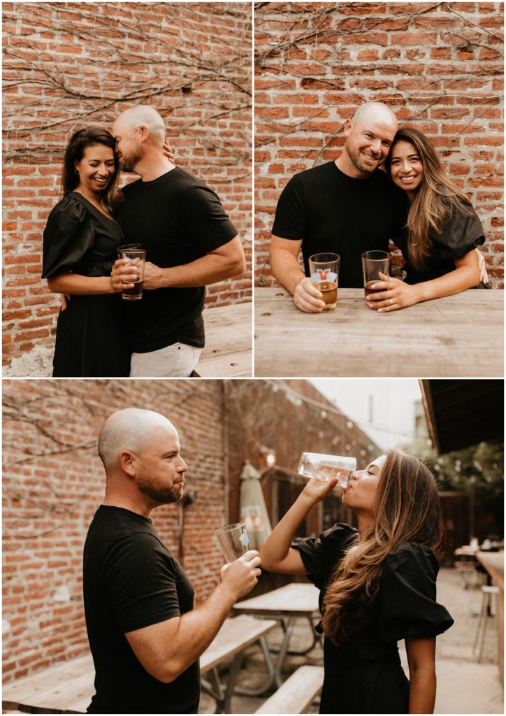 Collage of couple sharing a beer in front of brick wall