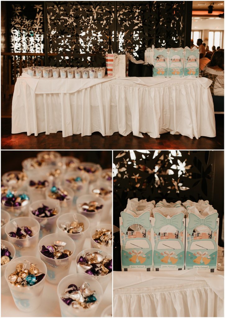 Collage of wedding welcome party decor