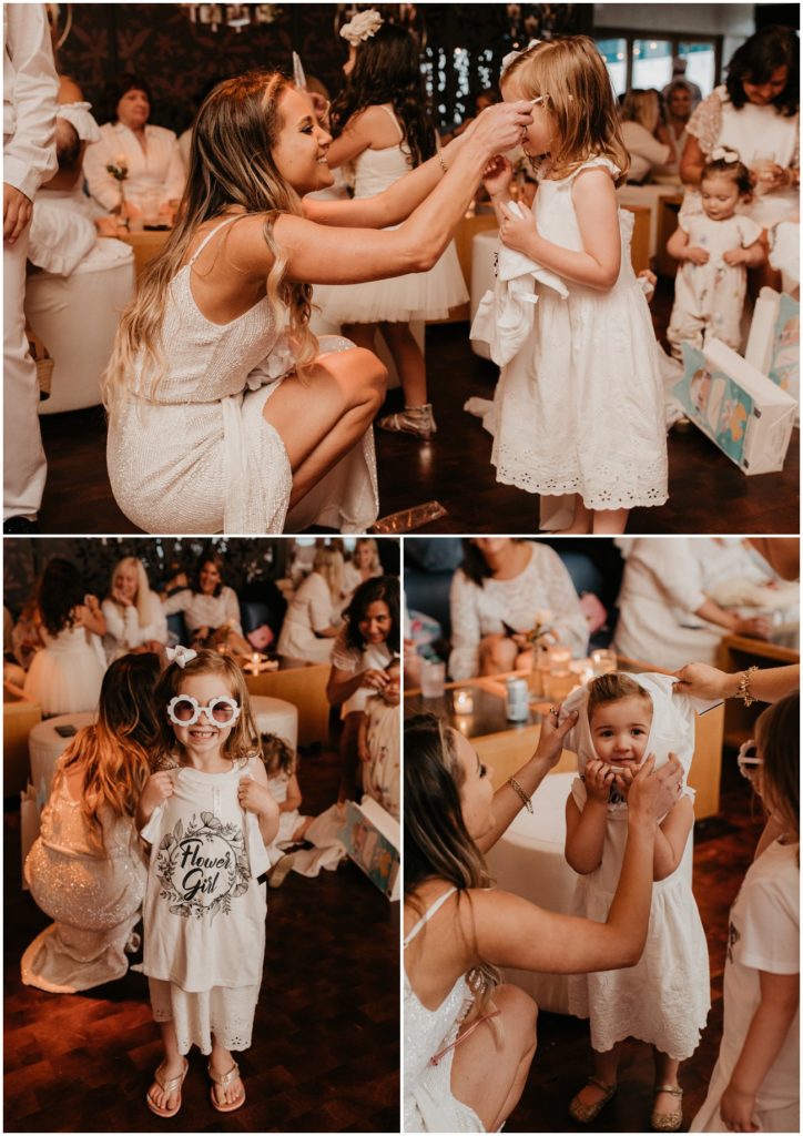 Collage of flower girls opening gifts at summer Avenue Le Club welcome party