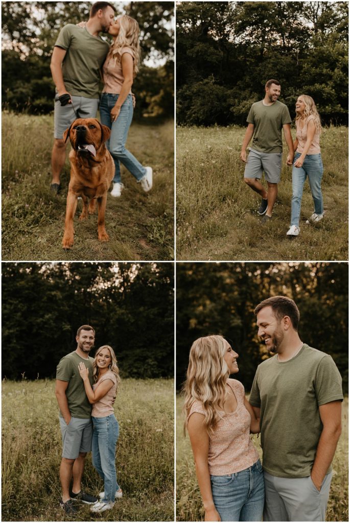 Collage of couple walking together with their dog in green meadow
