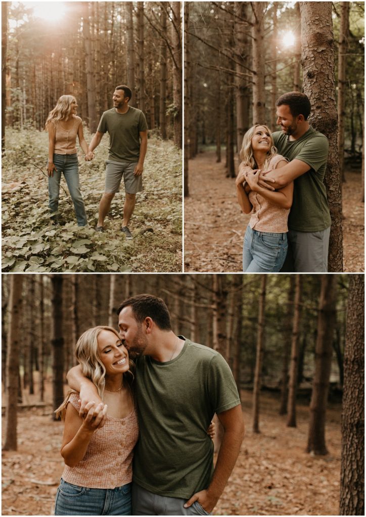 Collage of couple laughing together among forest