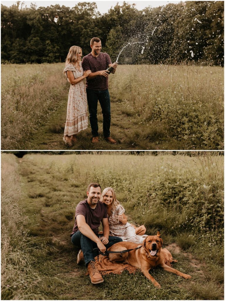 Collage of couple and their dog sharing a bottle of champagne for Kennedy Dells Park engagement session