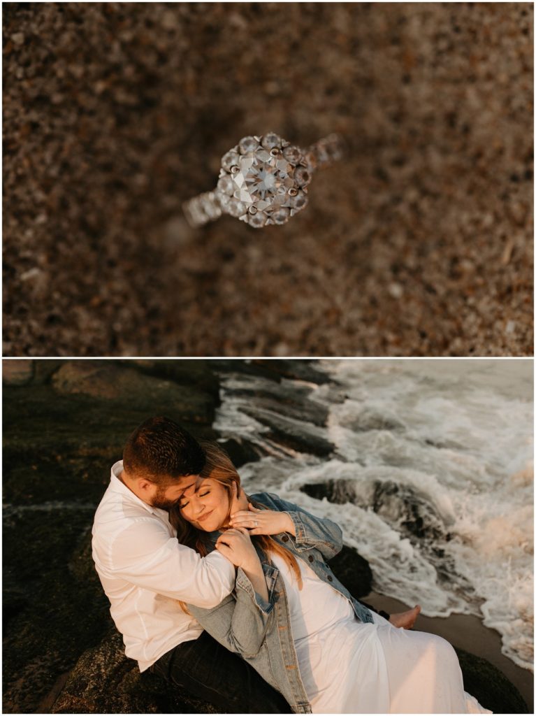 Collage of engagement ring and couple embracing on the ocean jetty