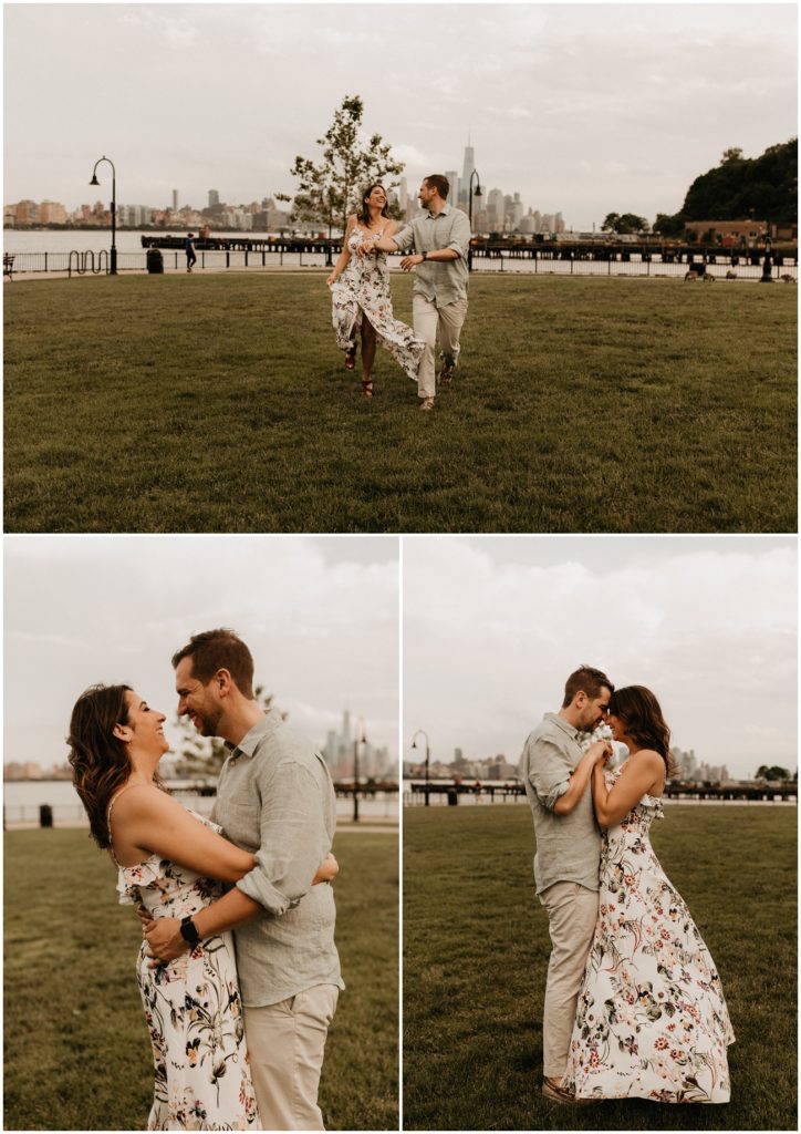 collage of couple in park in Hoboken with the NYC skyline as the backdrop