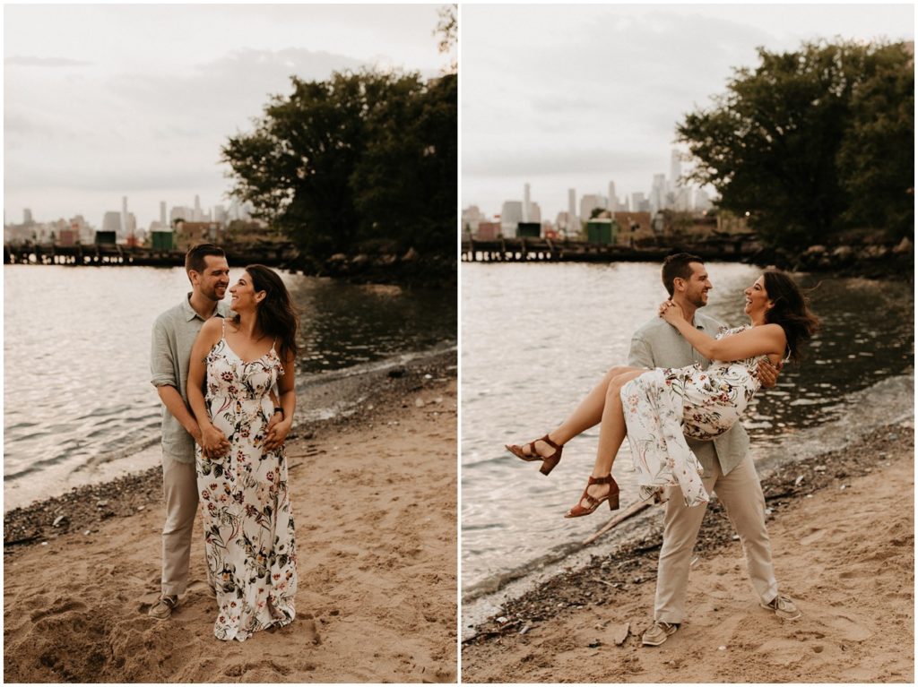 collage of couple on the Hoboken shoreline in the summer 