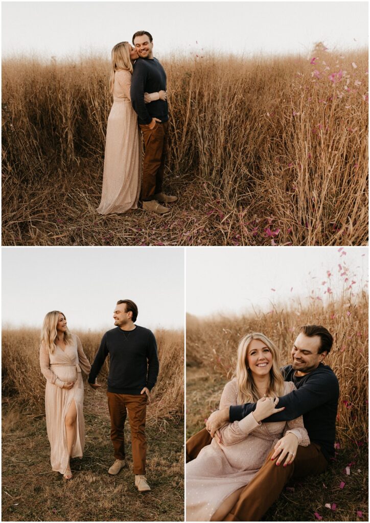 Woman kisses man in a field for fall Historic Smithville Park mini sessions