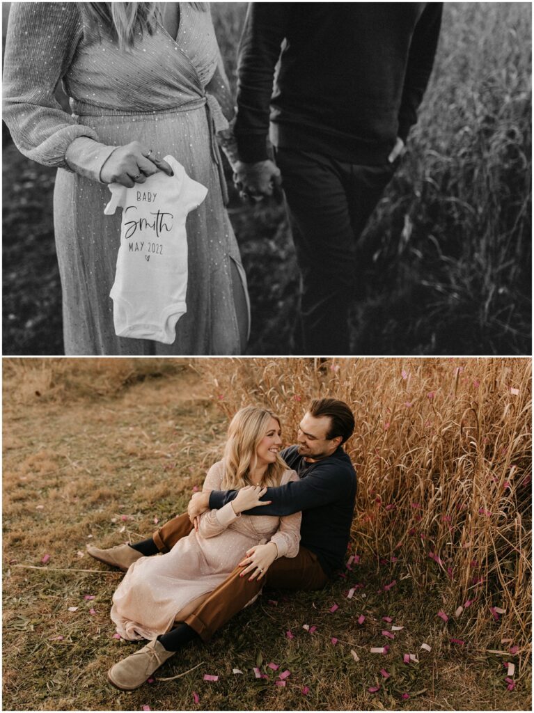 Collage of pregnant woman and a man in a field for fall Historic Smithville Park mini sessions