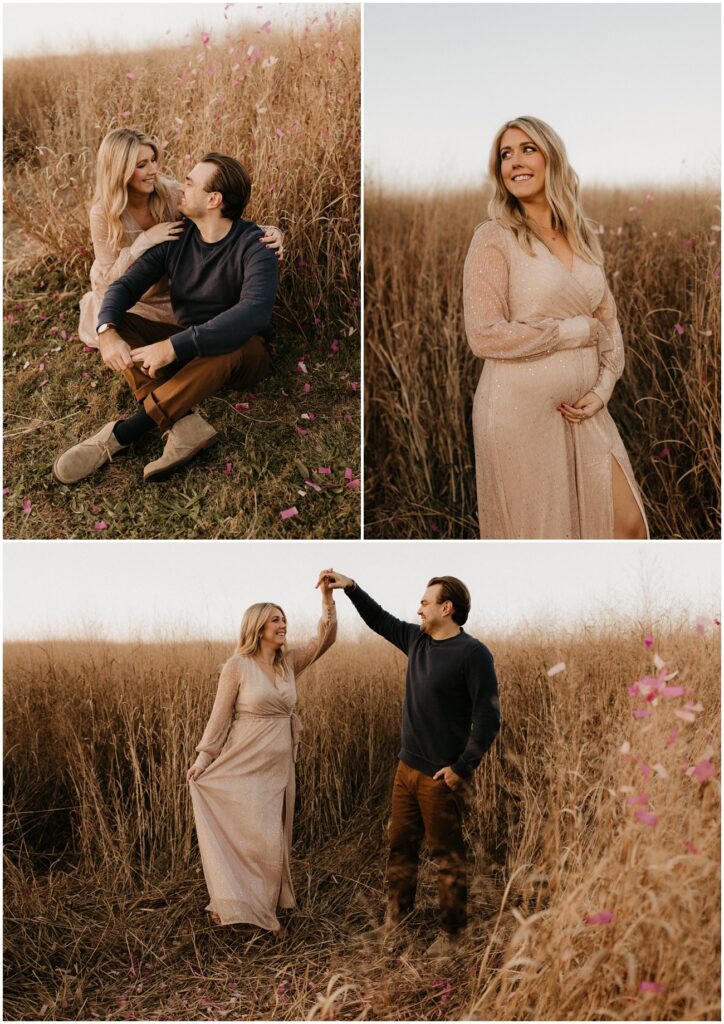 Collage of pregnant woman and a man in a field for fall Historic Smithville Park mini sessions